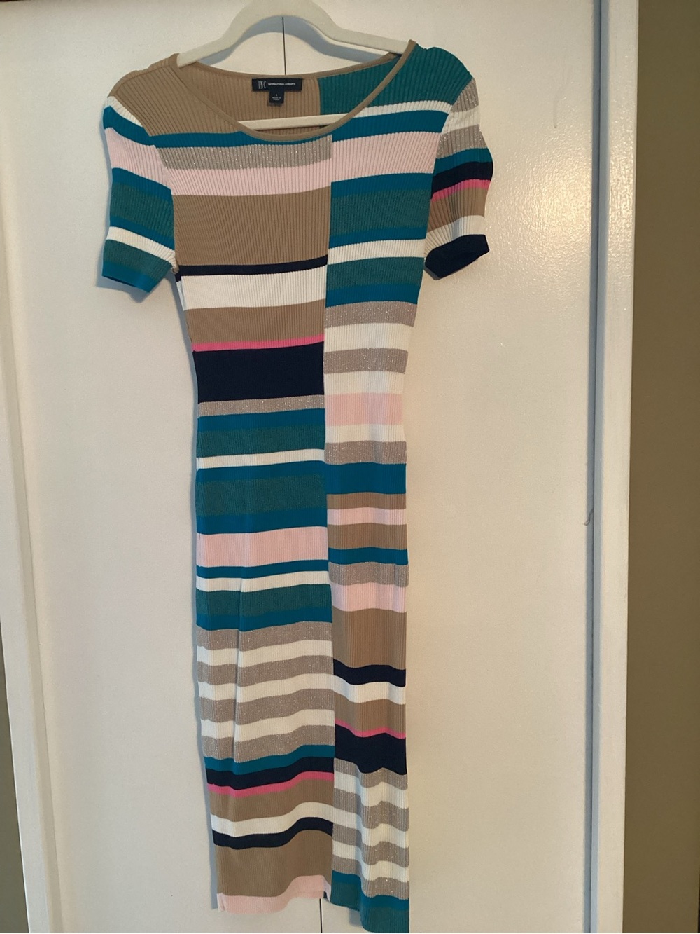 INC International Concepts Striped Ribbed Midi Dress in Teal, Pink & Tan
